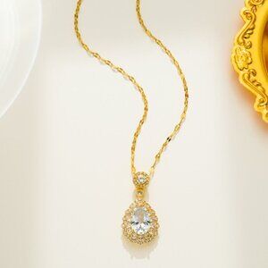 18K Gold Plated Stainless Steel Simulated Diamond Tear Drop Pendant Necklace